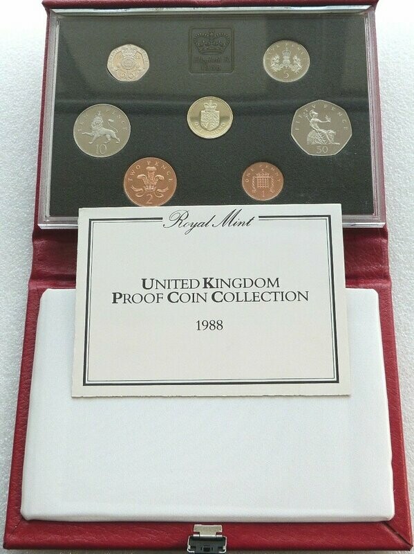 1988 Royal Mint Deluxe Proof 7 Coin Set Red Leather Case Coa