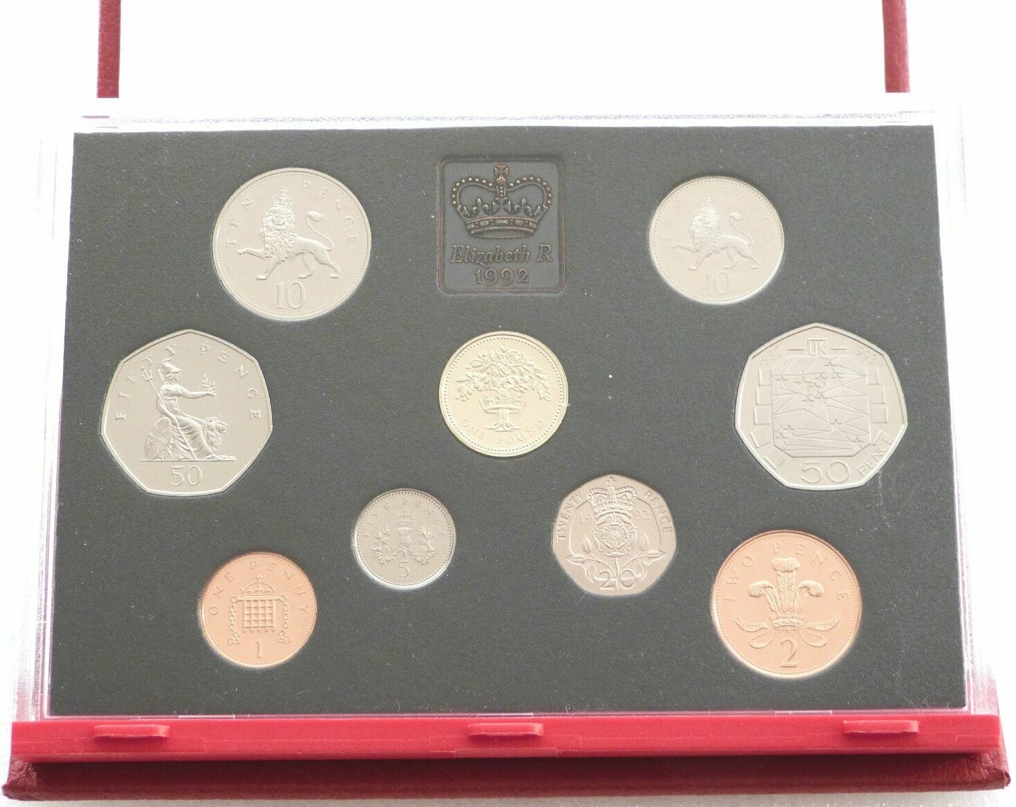 1992 Royal Mint Deluxe Proof 9 Coin Set Red Leather Case Coa