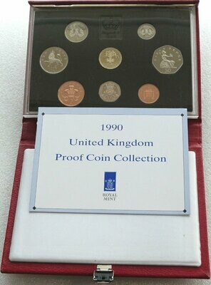 1990 Royal Mint Deluxe Proof 8 Coin Set Red Leather Case Coa