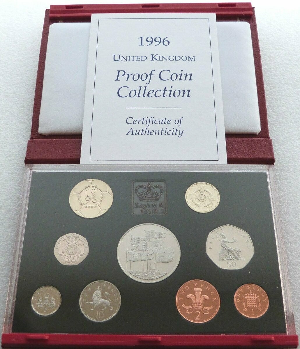 1996 Royal Mint Deluxe Proof 9 Coin Set Red Leather Case Coa