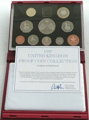 1997 Royal Mint Deluxe Proof 10 Coin Set Red Leather Case Coa
