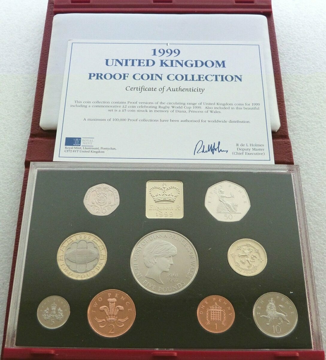 1999 Royal Mint Deluxe Proof 9 Coin Set Red Leather Case Coa