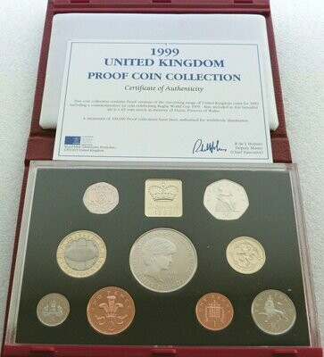 1999 Royal Mint Deluxe Proof 9 Coin Set Red Leather Case Coa