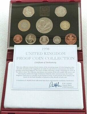 1998 Royal Mint Deluxe Proof 10 Coin Set Red Leather Case Coa