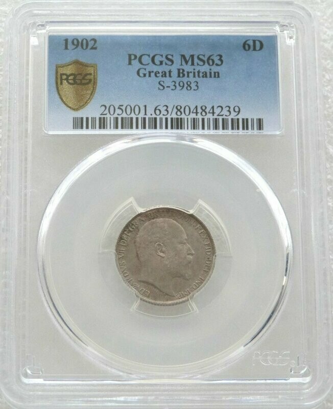1902 Edward VII Bare Head 6D Six Pence Silver Coin PCGS MS63
