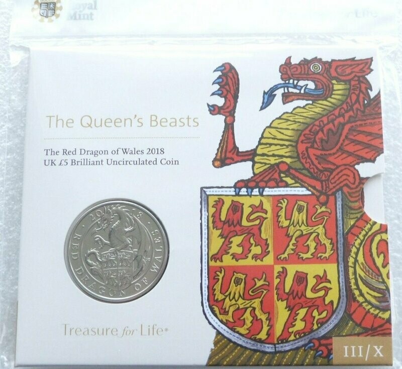 2018 Queens Beasts Red Dragon of Wales £5 Brilliant Uncirculated Coin Pack Sealed - Las Coin