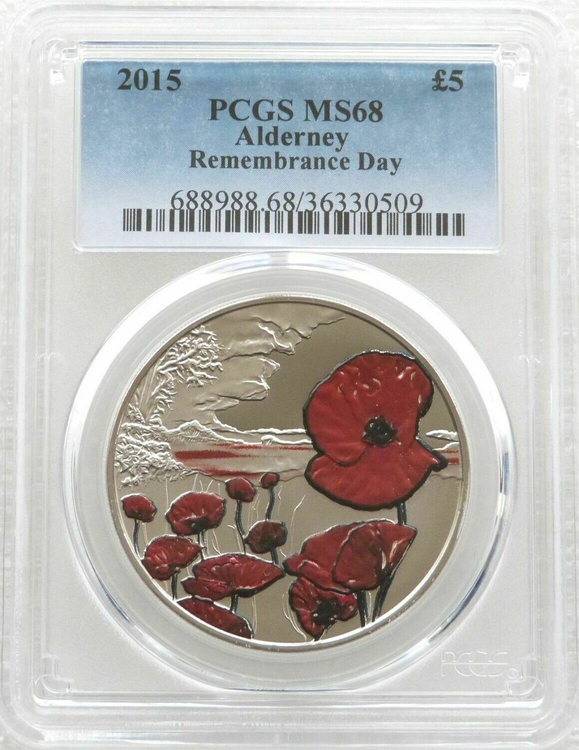 2015 Alderney Remembrance Day Poppy £5 Brilliant Uncirculated Coin PCGS MS68