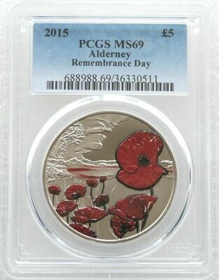 2015 Alderney Remembrance Day Poppy £5 Brilliant Uncirculated Coin PCGS MS69