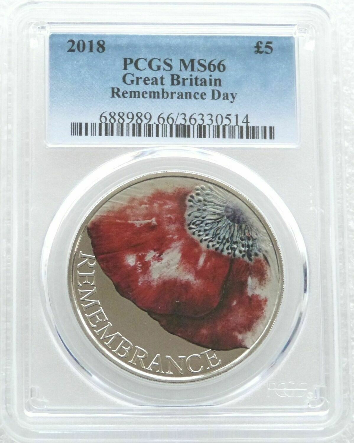 2018 Remembrance Day Poppy £5 Brilliant Uncirculated Coin PCGS MS66