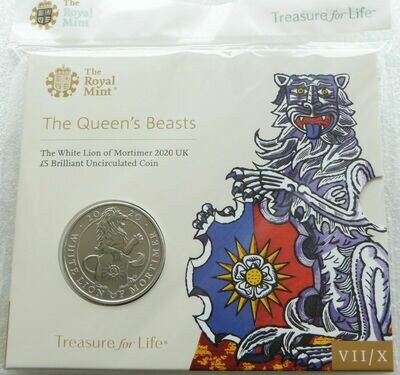 2020 Queens Beasts White Lion of Mortimer £5 Brilliant Uncirculated Coin Pack Sealed
