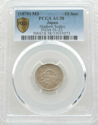 1870 Japan Rising Sun Dragon 10 Sen Silver Coin PCGS AU58 Shallow Scales
