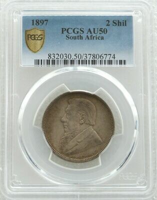 1897 South Africa Zar 2 Shillings Silver Coin PCGS AU50