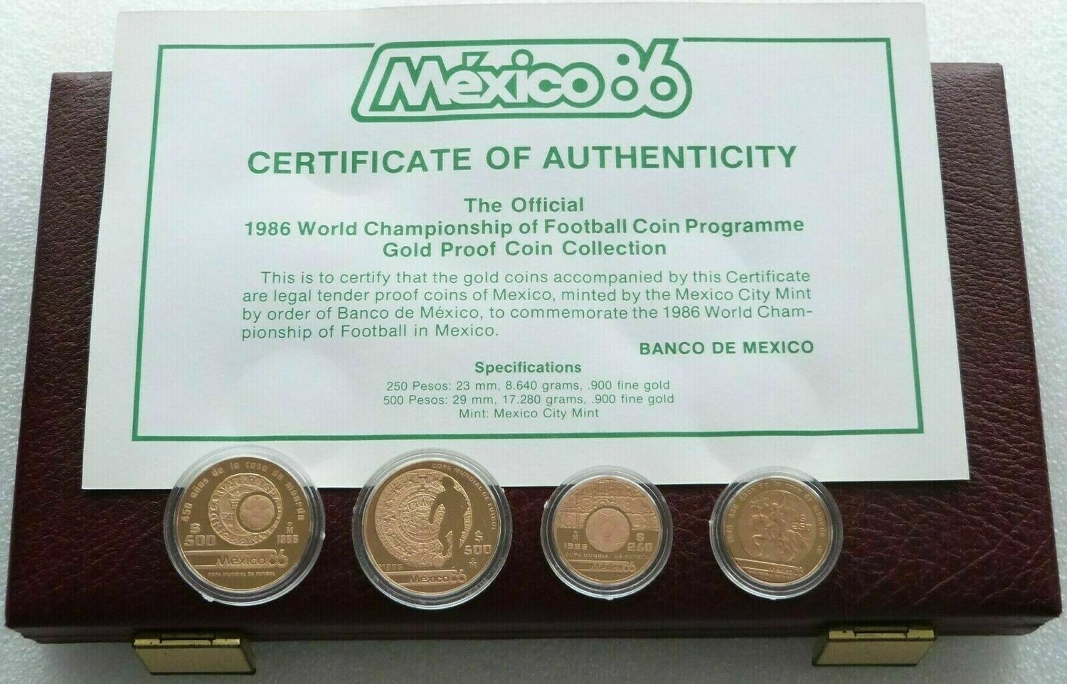 1986 Mexico Football World Cup Gold Proof 4 Coin Set Box Coa