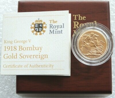 1918-I India Mint Mark Bombay Mint George V Full Sovereign Gold Coin Box Coa