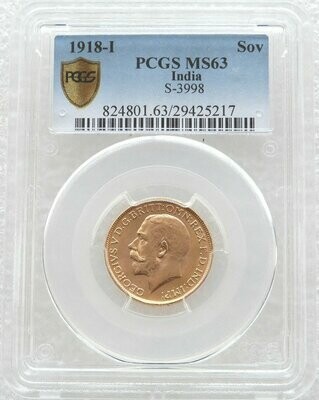 1918-I India Mint Mark Bombay Mint George V Full Sovereign Gold Coin PCGS MS63