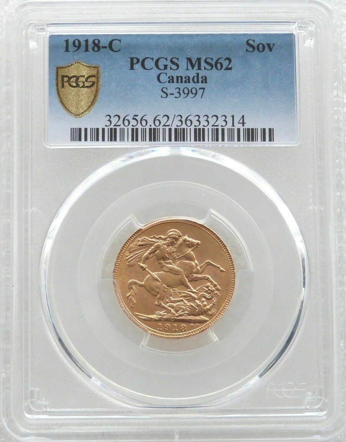 1918-C Canada Ottawa Mint George V Full Sovereign Gold Coin PCGS MS62