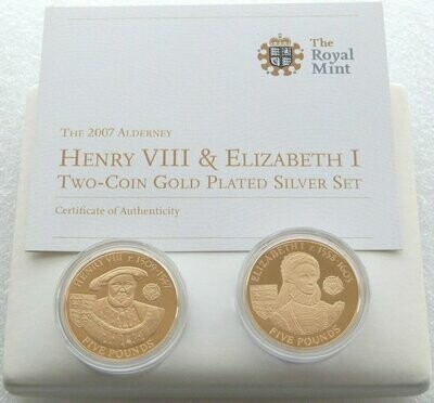 2007 Alderney Elizabeth I King Henry VIII £5 Silver Gold Proof 2 Coin Set Box Coa