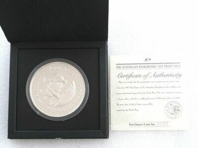 1992 Australia Kookaburra $10 Silver Proof 10oz Coin Box Coa