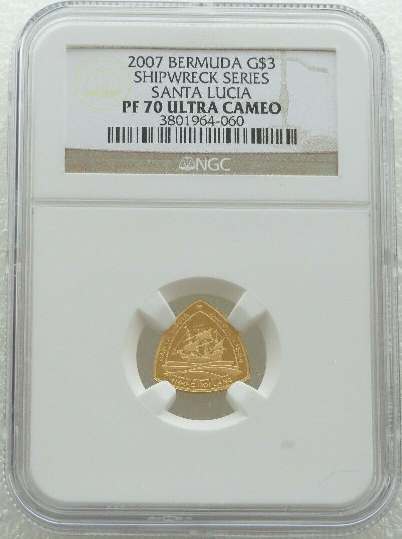 2007 Bermuda Santa Lucia Ship $3 Gold Proof 1/20oz Coin NGC PF70