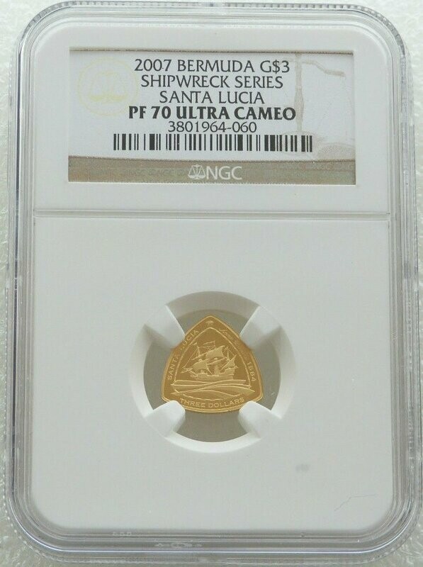 2007 Bermuda Santa Lucia Ship $3 Gold Proof 1/20oz Coin NGC PF70