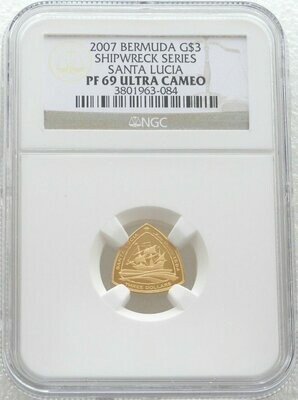 2007 Bermuda Santa Lucia Ship $3 Gold Proof 1/20oz Coin NGC PF69