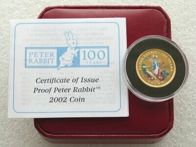 2002 Gibraltar Peter Rabbit 100th Anniversary Colour Gold Proof 1/5oz Crown Coin Box Coa