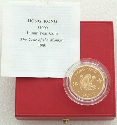 1980 Hong Kong Lunar Monkey $1000 Gold Proof Coin Box Coa