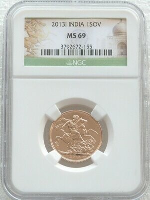 2013-I India Mint Mark Full Sovereign Gold Coin NGC MS69