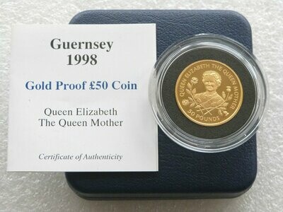 1998 Guernsey Queen Mother £50 Gold Proof 1/2oz Coin Box Coa
