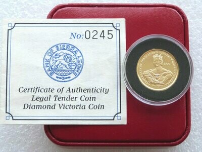 1997 Sierre Leone Queen Diamond Victoria $100 Gold Proof 1/5oz Coin Box Coa