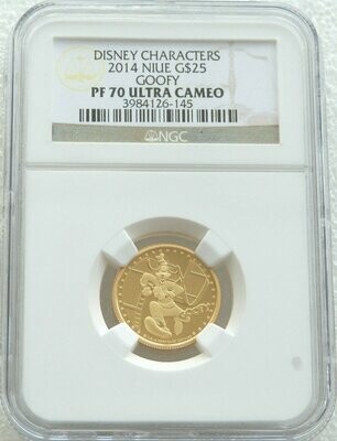 2014 Niue Disney Goofy $25 Gold Proof 1/4oz Coin NGC PF70 UC