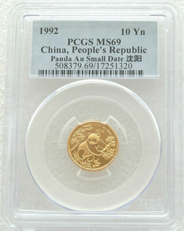 1992-SD China Small Date Panda 10 Yuan Gold 1/10oz Coin PCGS MS69