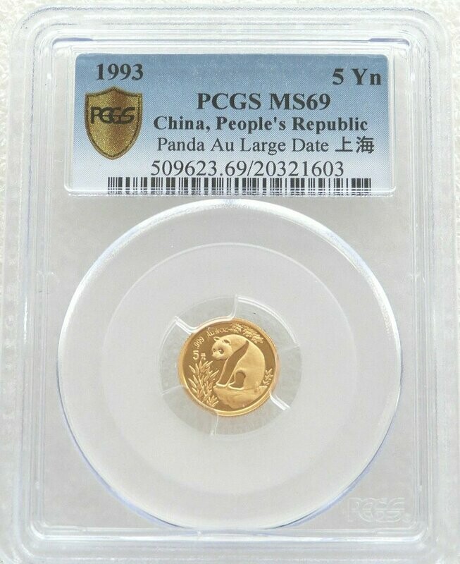 1993-LD China Large Date Panda 5 Yuan Gold 1/20oz Coin PCGS MS69