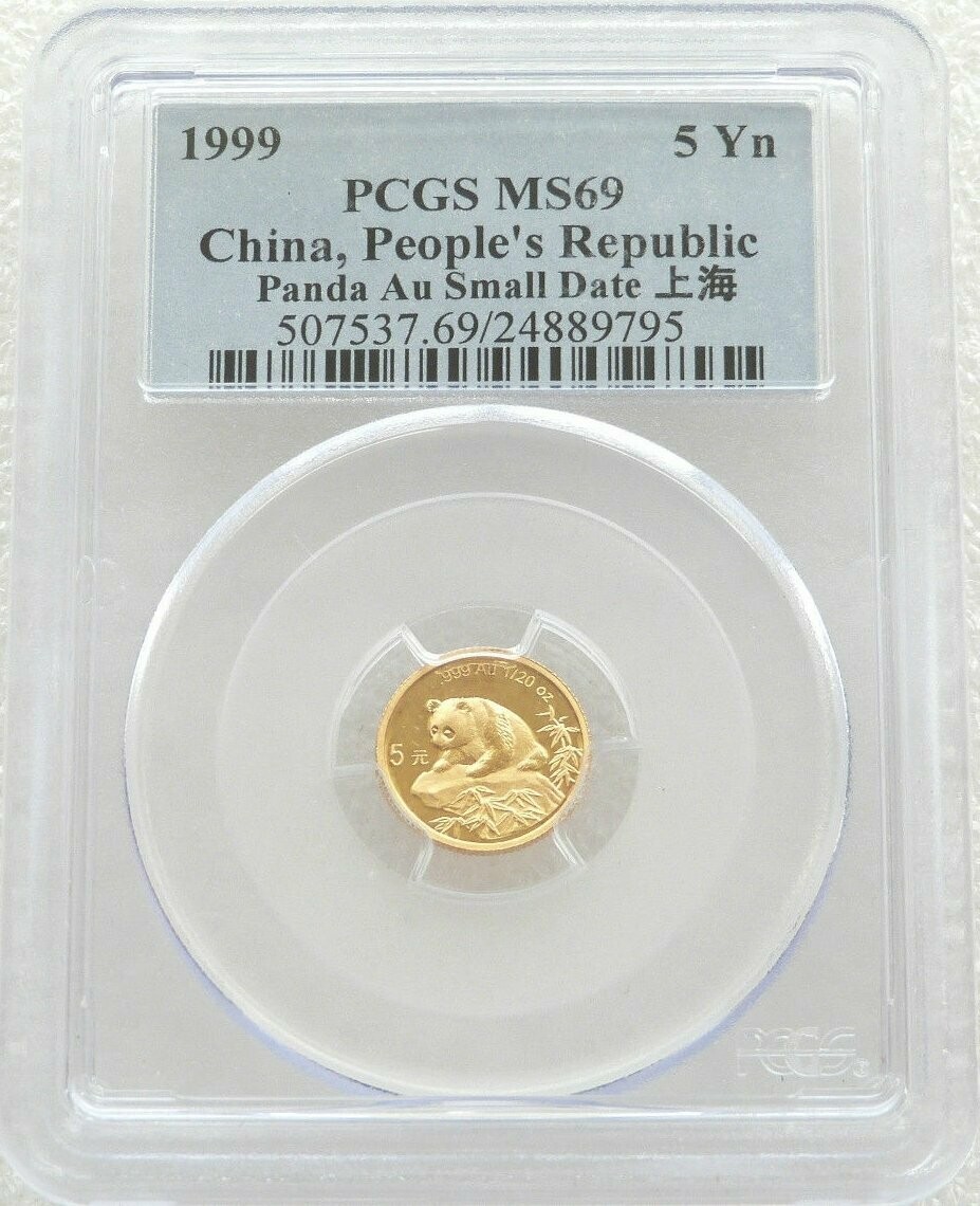 1999-SD China Small Date Panda 5 Yuan Gold 1/20oz Coin PCGS MS69