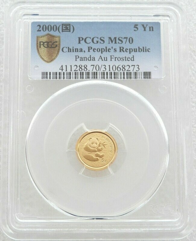 2000 China Millennium Frosted Panda 5 Yuan Gold 1/20oz Coin PCGS MS70 - Pop 3