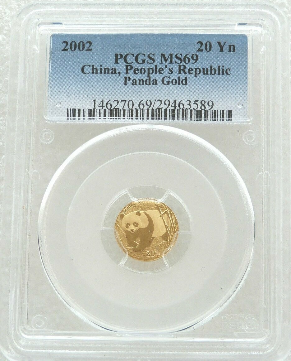 2002 China Panda 20 Yuan Gold 1/20oz Coin PCGS MS69