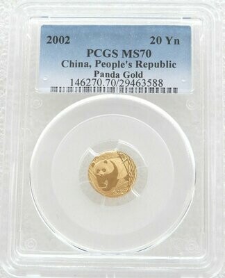 2002 China Panda 20 Yuan Gold 1/20oz Coin PCGS MS70