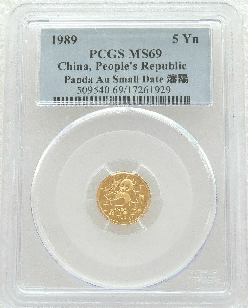 1989-SD China Small Date Panda 5 Yuan Gold 1/20oz Coin PCGS MS69