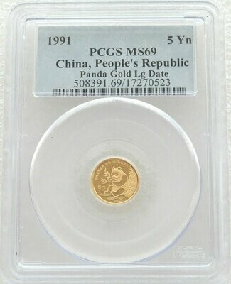 1991-LD China Large Date Panda 5 Yuan Gold 1/20oz Coin PCGS MS69