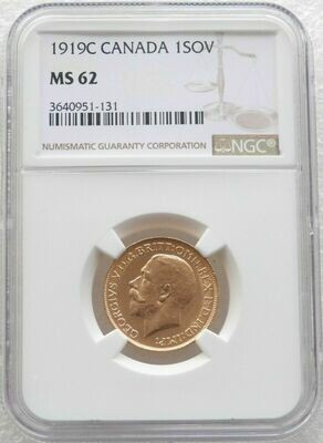 1919-C Canada Ottawa Mint George V Full Sovereign Gold Coin NGC MS62