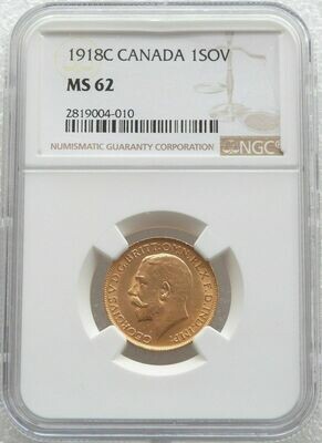 1918-C Canada Ottawa Mint George V Full Sovereign Gold Coin NGC MS62