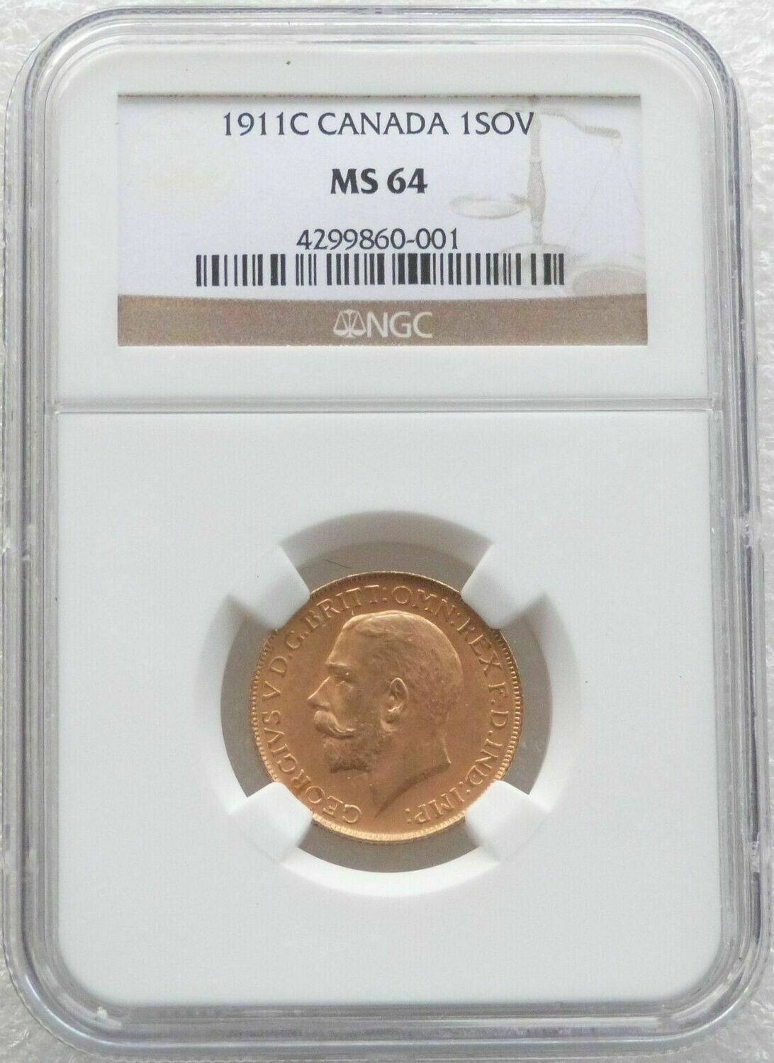 1911-C Canada Ottawa Mint George V Full Sovereign Gold Coin NGC MS64