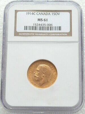 1914-C Canada Ottawa Mint George V Full Sovereign Gold Coin NGC MS61