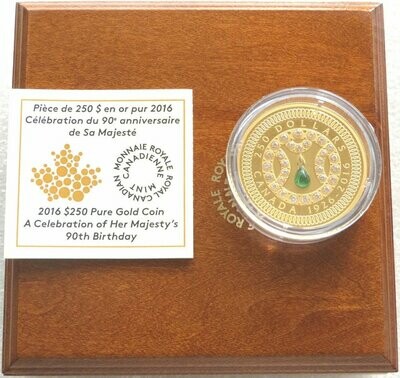 2016 Canada Queens 90th Birthday Gemstone $250 Gold Proof Coin Box Coa