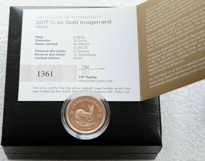 2017 South Africa 50th Anniversary Privy Mark Quarter Krugerrand Gold Proof 1/4oz Coin Box Coa