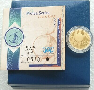 2003 South Africa Protea Cricket World Cup 5 Rand Gold Proof 1/10oz Coin Box Coa