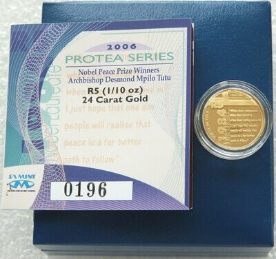 2006 South Africa Protea Desmond Tutu 5 Rand Gold Proof 1/10oz Coin Box Coa