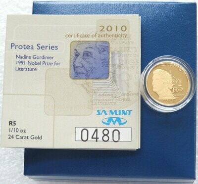 2010 South Africa Protea Nadine Gordimer 5 Rand Gold Proof 1/10oz Coin Box Coa