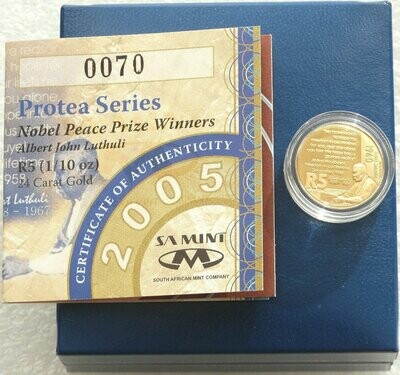 2005 South Africa Protea Albert Luthuli 5 Rand Gold Proof 1/10oz Coin Box Coa