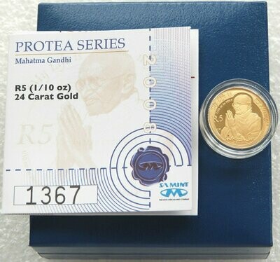 2008 South Africa Protea Gandhi 5 Rand Gold Proof 1/10oz Coin Box Coa